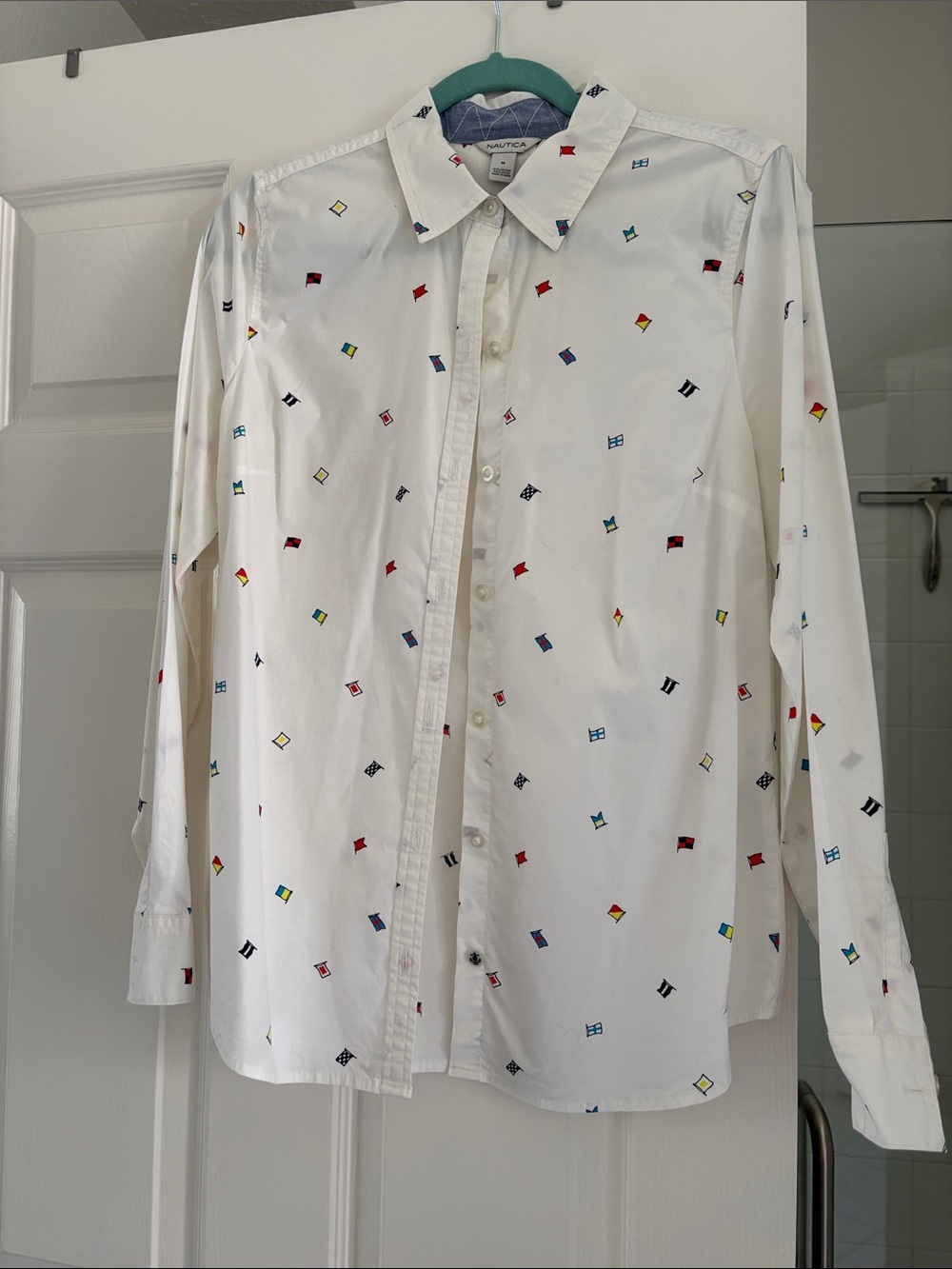 Nautica White Button-Up Shirt with Multicolor Nautical Flag Motif
